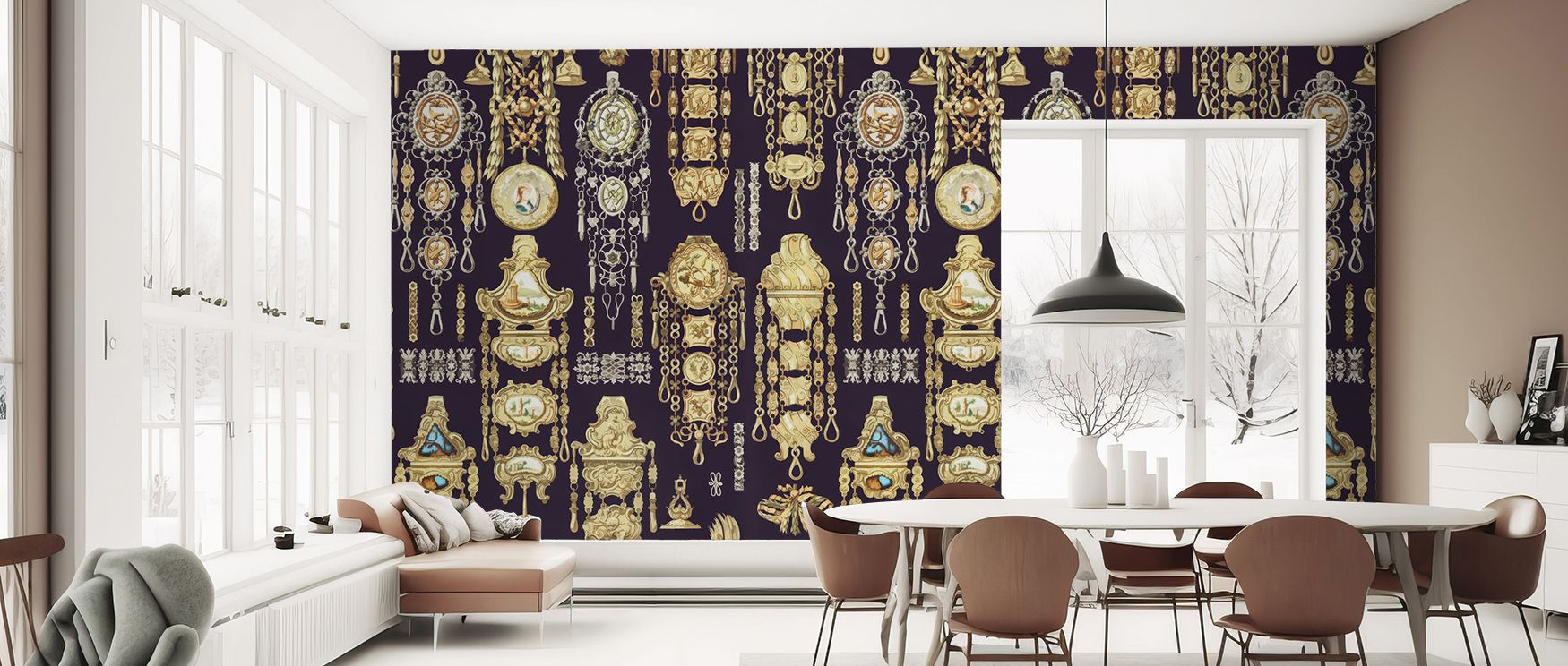 The Antique Jewelleries Dark Wallpaper balances dark tones and ornate detailing to create sophistication and elegance in living rooms, bedrooms, or dressing areas. The composition celebrates craftsmanship while offering refined visual depth. 
