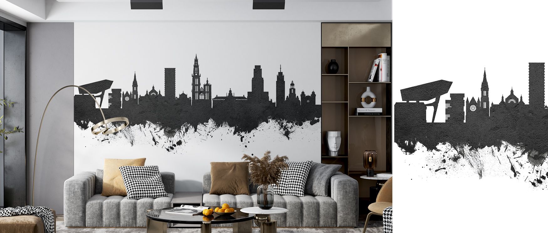 The Antwerp Belgium Skyline Wallpaper celebrates the elegance of Belgian architecture through detailed depiction and classic black and white tones, enriching living rooms, bedrooms, or offices with timeless sophistication. 