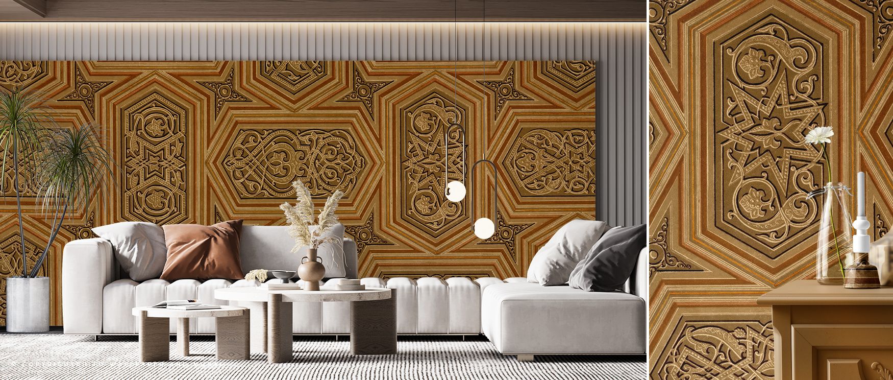 Intricate motifs define the Arabe Dreams No. 92 Wallpaper, where patterns inspired by Arabian tradition gleam in silver tones. The interplay of light and detail offers interiors—whether living room, bedroom, or office—a cultured ambiance enriched by artis