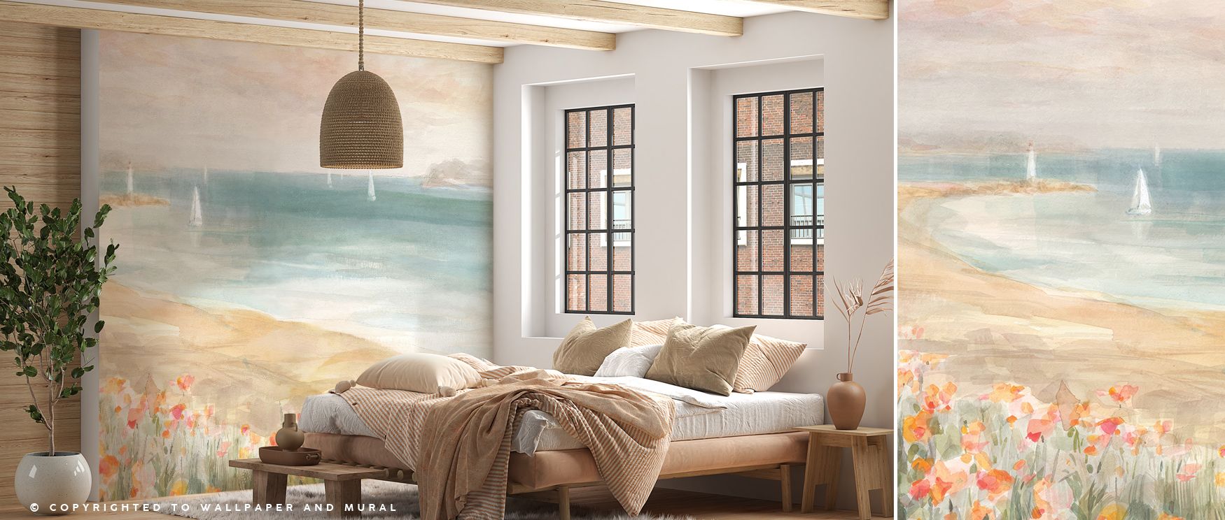 A serene horizon shines in the Around the Point Wallpaper, where coastal waters meet distant land in calming tones. Its tranquil composition enriches living rooms, bedrooms, or offices with the beauty of seaside stillness, creating spaces of peace, balanc