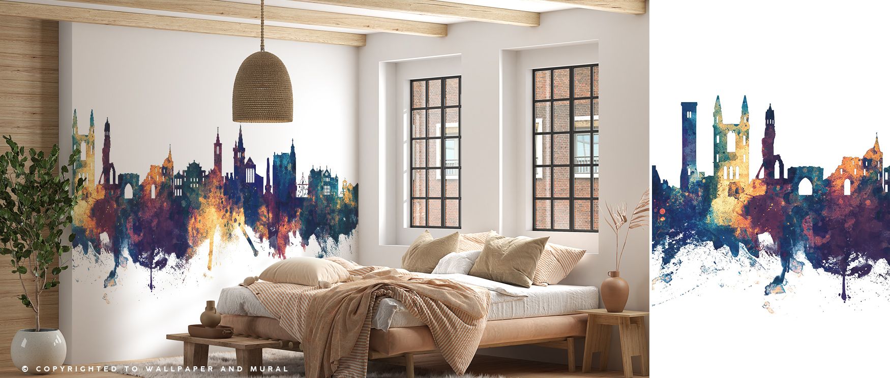 St. Andrews Scotland Skyline Blue & Bronze Wallpaper gleams with historic resonance, where iconic landmarks shimmer in deep blue and glowing bronze. Its detailed composition enriches living rooms, bedrooms, or offices with elegance, bringing heritage, ref