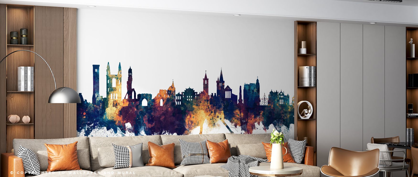 Cultural artistry emerges in the St. Andrews Scotland Skyline Blue & Bronze Wallpaper, where architectural silhouettes rise against silvered skies. This radiant design transforms living rooms, bedrooms, or offices into timeless tributes to Scotland’s beau