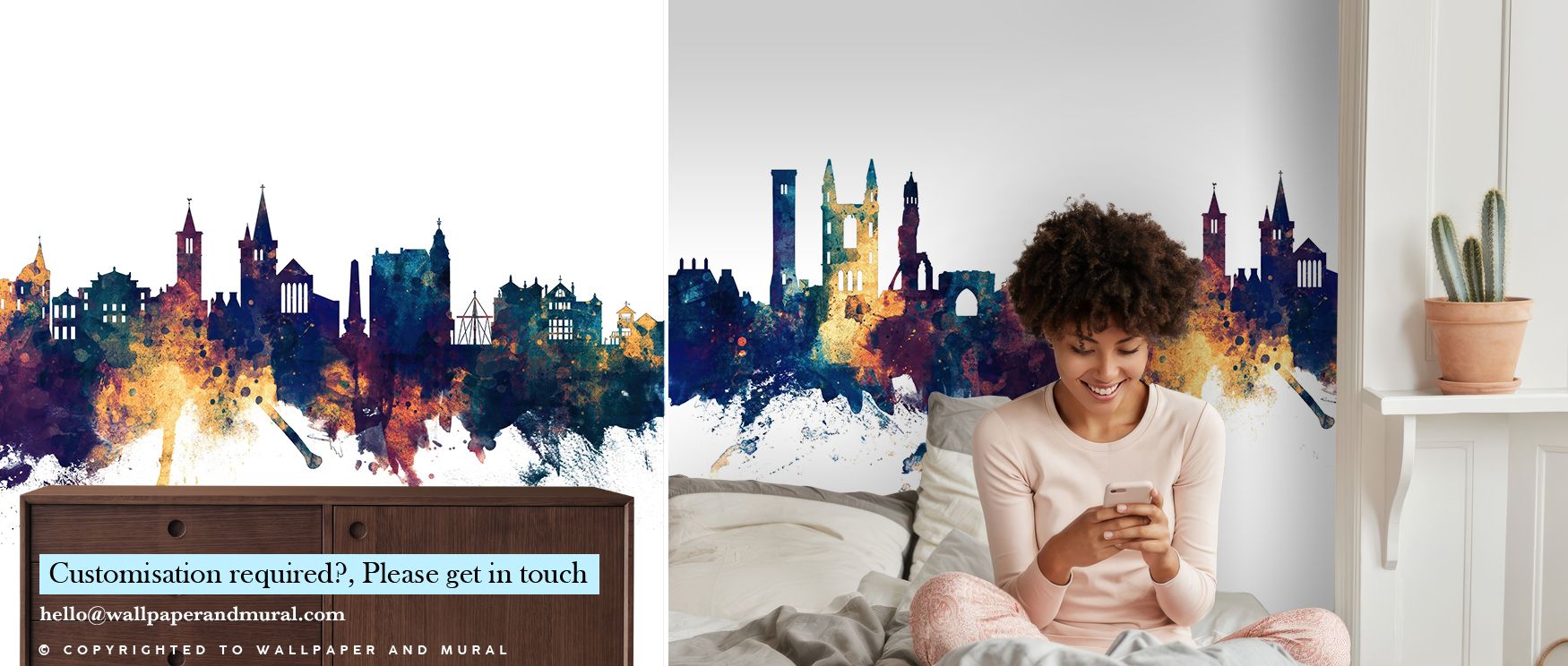 Glowing bronze accents illuminate the St. Andrews Scotland Skyline Blue & Bronze Wallpaper, where rich tones highlight architectural mastery. Its refined presence enriches living rooms, bedrooms, or offices with sophistication, transforming walls into cul