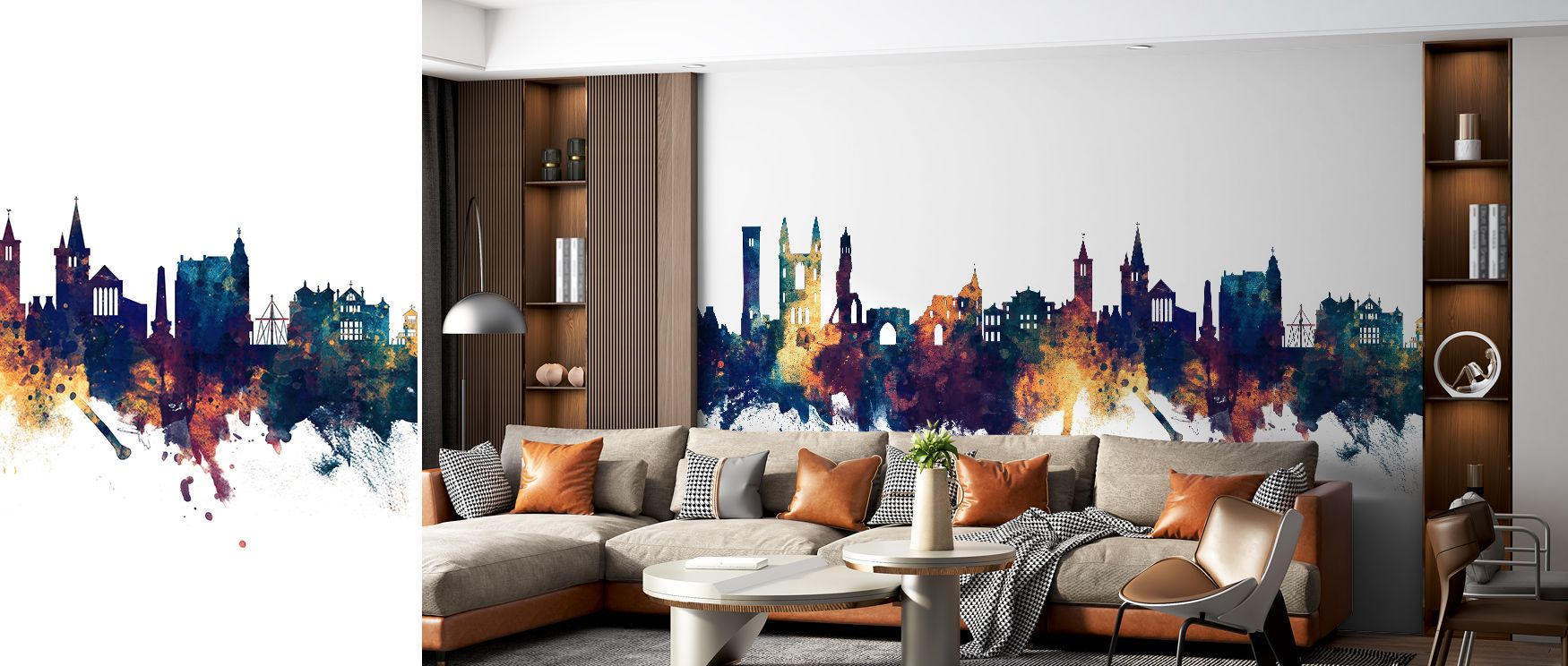 In the St. Andrews Scotland Skyline Blue & Bronze Wallpaper, architectural silhouettes glow with serene bronze against blue depths. This cultured composition enriches living rooms, bedrooms, or offices with artistry and refinement, adding balance and hist
