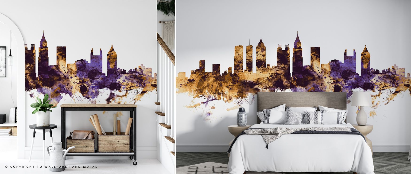 The Atlanta Georgia Skyline Purple & Gold Wallpaper captures architectural brilliance with vibrant skies and glowing accents. Perfect for living rooms, bedrooms, or offices, it enriches walls with sophistication, cultural pride, and luminous artistry. 
