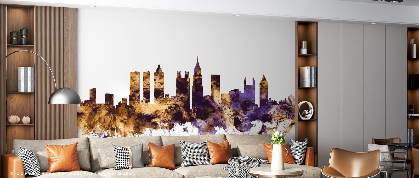A luminous panorama shines in the Atlanta Georgia Skyline Purple & Gold Wallpaper, where glowing tones highlight landmarks. This design transforms living rooms, bedrooms, or offices into cultural showcases of beauty, sophistication, and bold modern artist