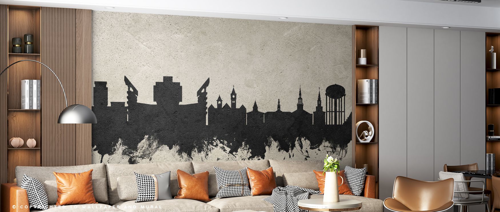 Architectural artistry emerges in the Auburn Alabama Skyline Concrete Wallpaper, where textured silhouettes define modern simplicity. This design enriches living rooms, bedrooms, or offices with bold clarity, transforming interiors into refined showcases 