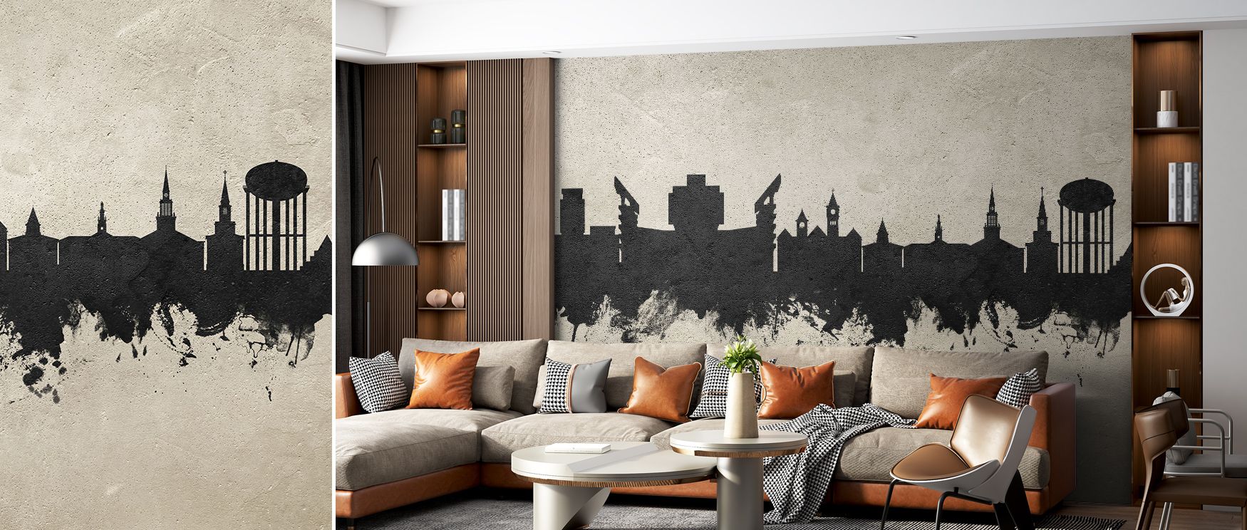 Minimalist beauty shines in the Auburn Alabama Skyline Concrete Wallpaper, where silhouettes glow against textured tones. This design enriches living rooms, bedrooms, or offices with calm refinement, making walls a showcase of urban artistry. 