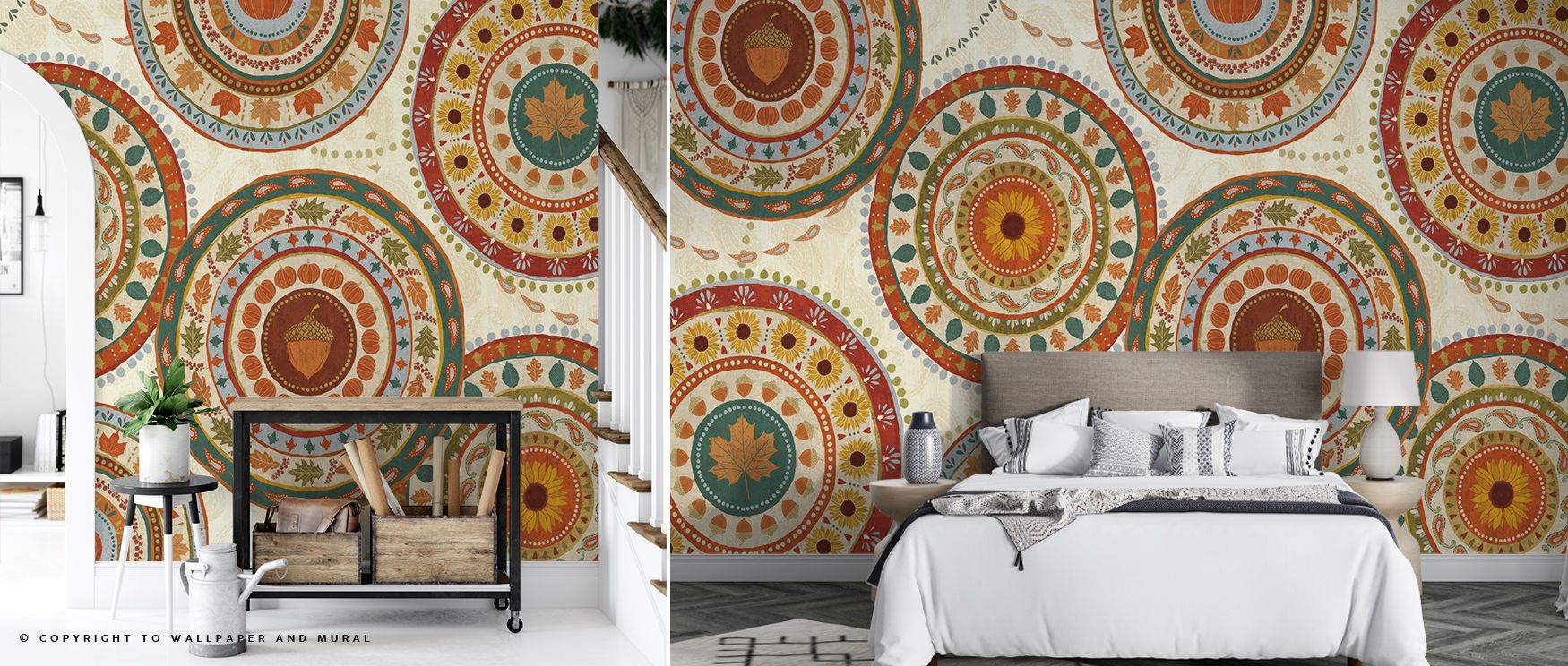 Gentle tones define the Autumn Song X Light Wallpaper, blending golds and crimsons into calming warmth. Perfect for living rooms, bedrooms, or offices, it enriches interiors with balance and serenity, creating refined seasonal atmospheres. Its palette cap