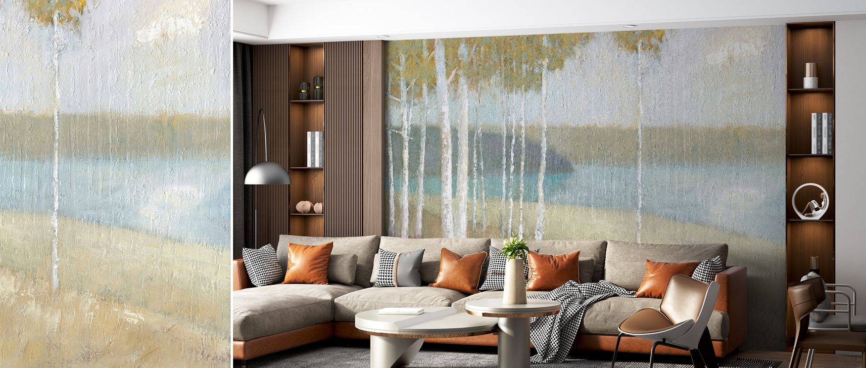 Tranquil design flows through the Autumn Trees Wallpaper, filling interiors with glowing leaves and radiant hues. It enriches living rooms, bedrooms, or offices with charm, sophistication, and balance, creating a serene seasonal retreat. 