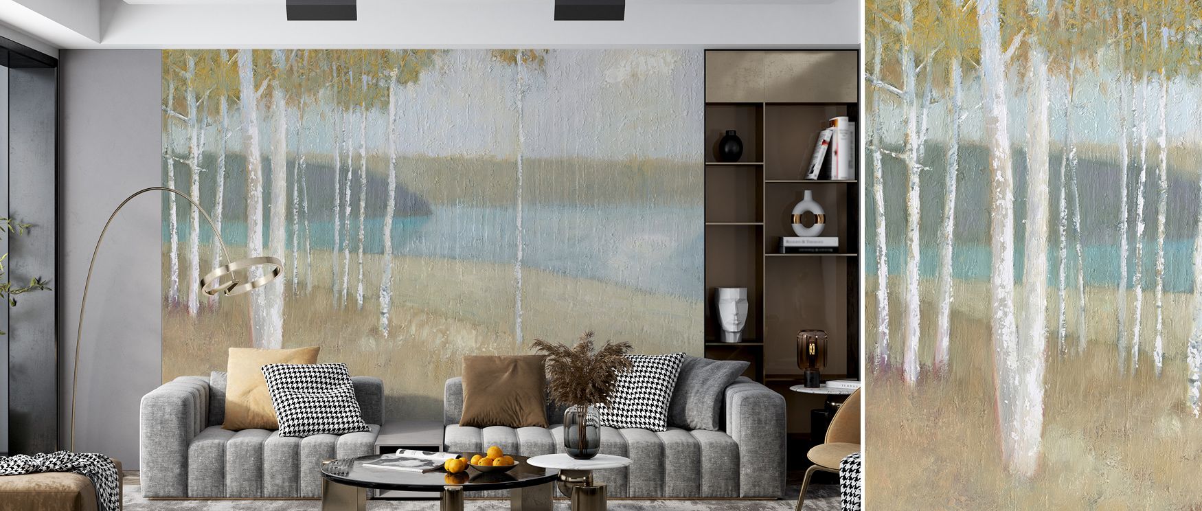 A radiant vision glows in the Autumn Trees Wallpaper, highlighting branches adorned in golden tones. It enriches living rooms, bedrooms, or offices with serenity and charm, filling walls with seasonal grace and refined artistry. 