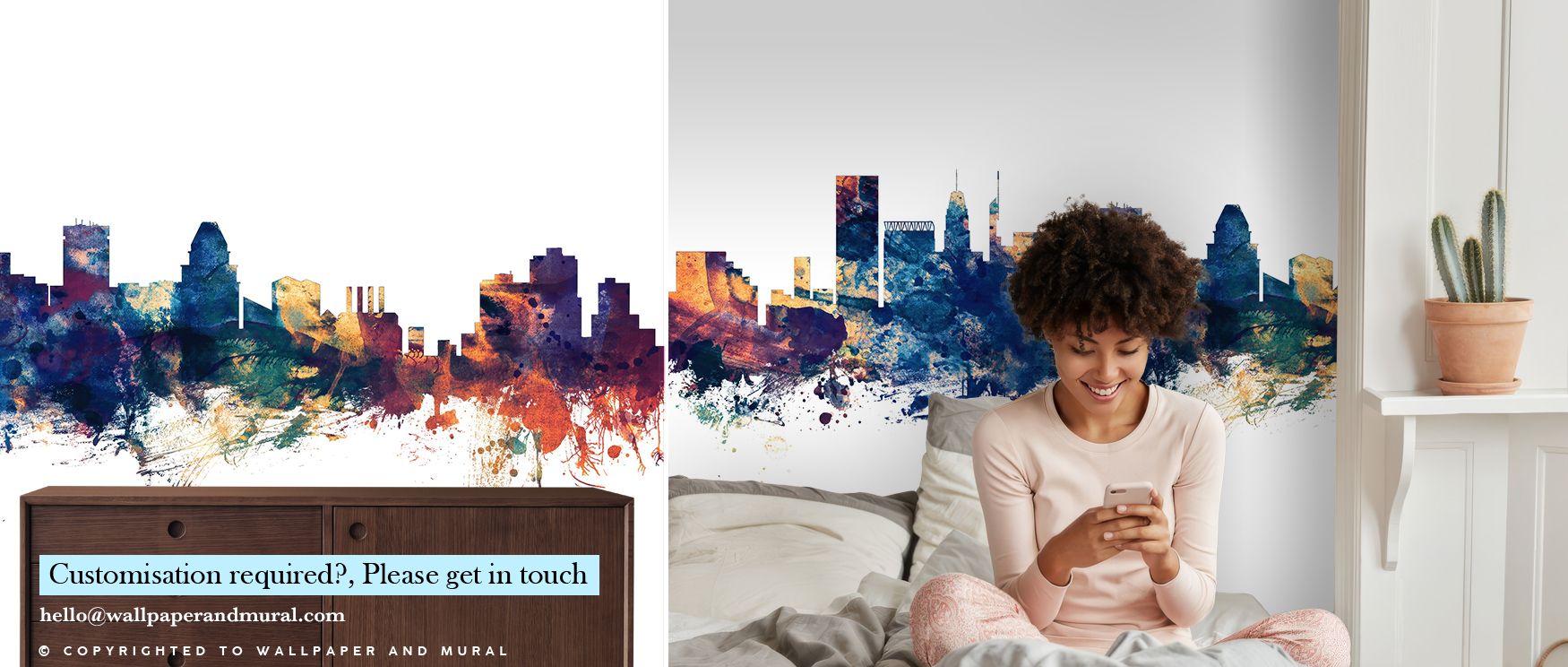 The Baltimore Skyline Blue & Bronze Wallpaper glows with timeless resonance, reflecting iconic silhouettes in radiant hues. It enriches living rooms, bedrooms, or offices with cultural pride, artistry, and balance, filling interiors with sophistication an