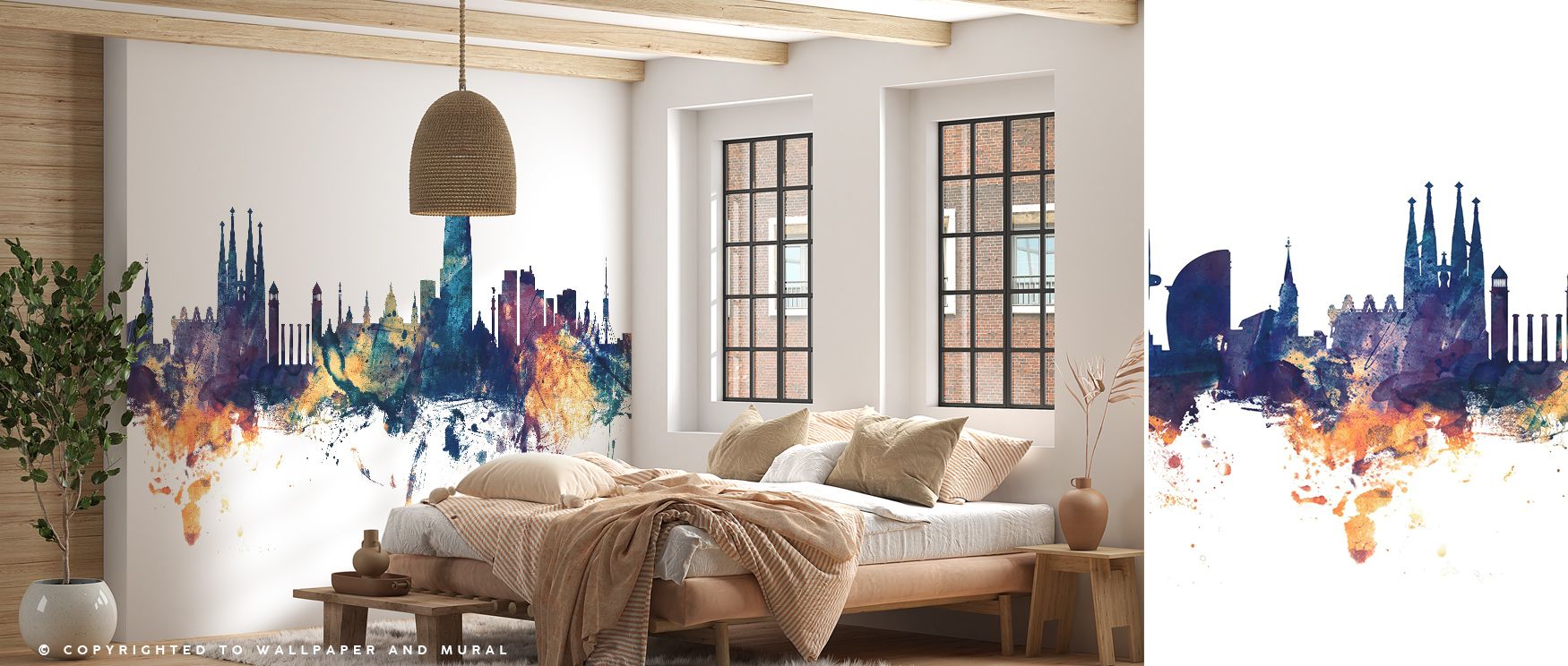 Radiant artistry glows in the Barcelona Skyline Blue & Bronze Wallpaper, where luminous tones highlight cultural pride. It enriches living rooms, bedrooms, or offices with elegance, charm, and balance, offering walls timeless sophistication rooted in Spai