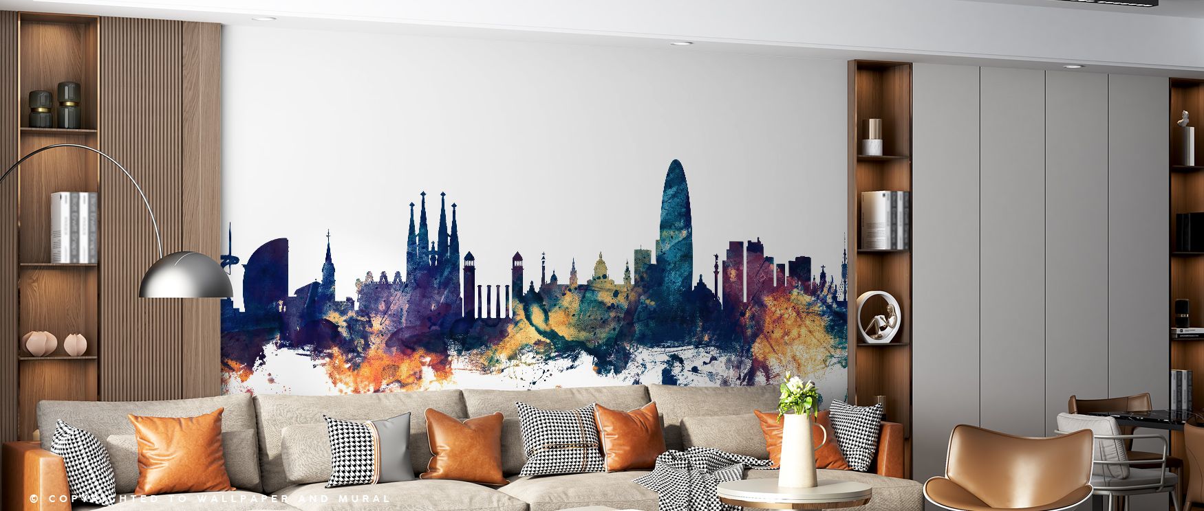 Bronze and blue tones shimmer in the Barcelona Skyline Blue & Bronze Wallpaper, painting interiors with refinement. It enriches living rooms, bedrooms, or offices with sophistication, balance, and charm, offering cultural artistry that transforms spaces i