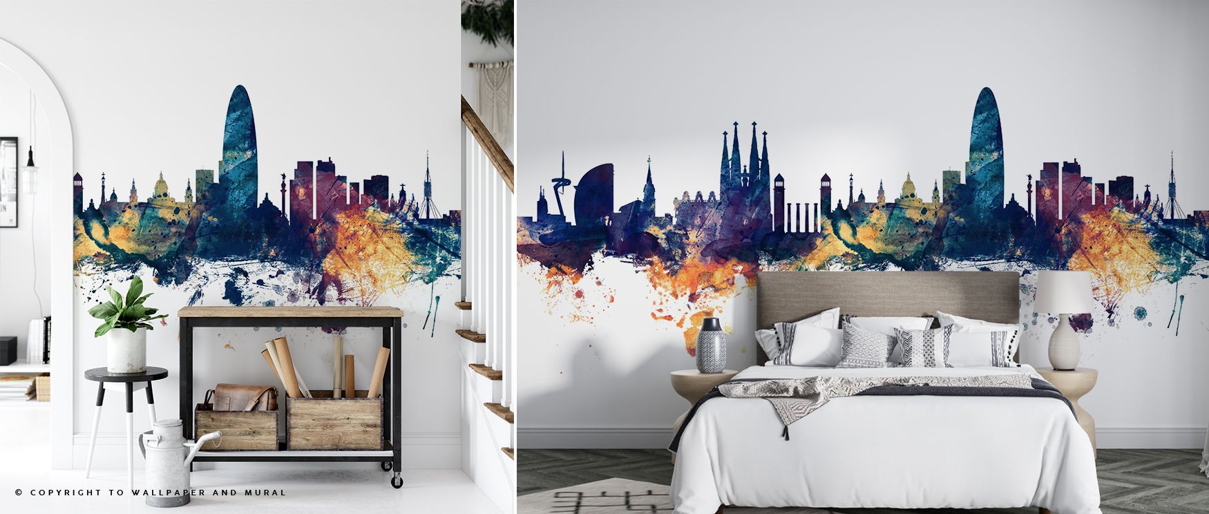 Cultural artistry thrives in the Barcelona Skyline Blue & Bronze Wallpaper, where glowing hues highlight iconic architecture. It enriches living rooms, bedrooms, or offices with refinement and pride, offering balance, strength, and elegant charm in every 