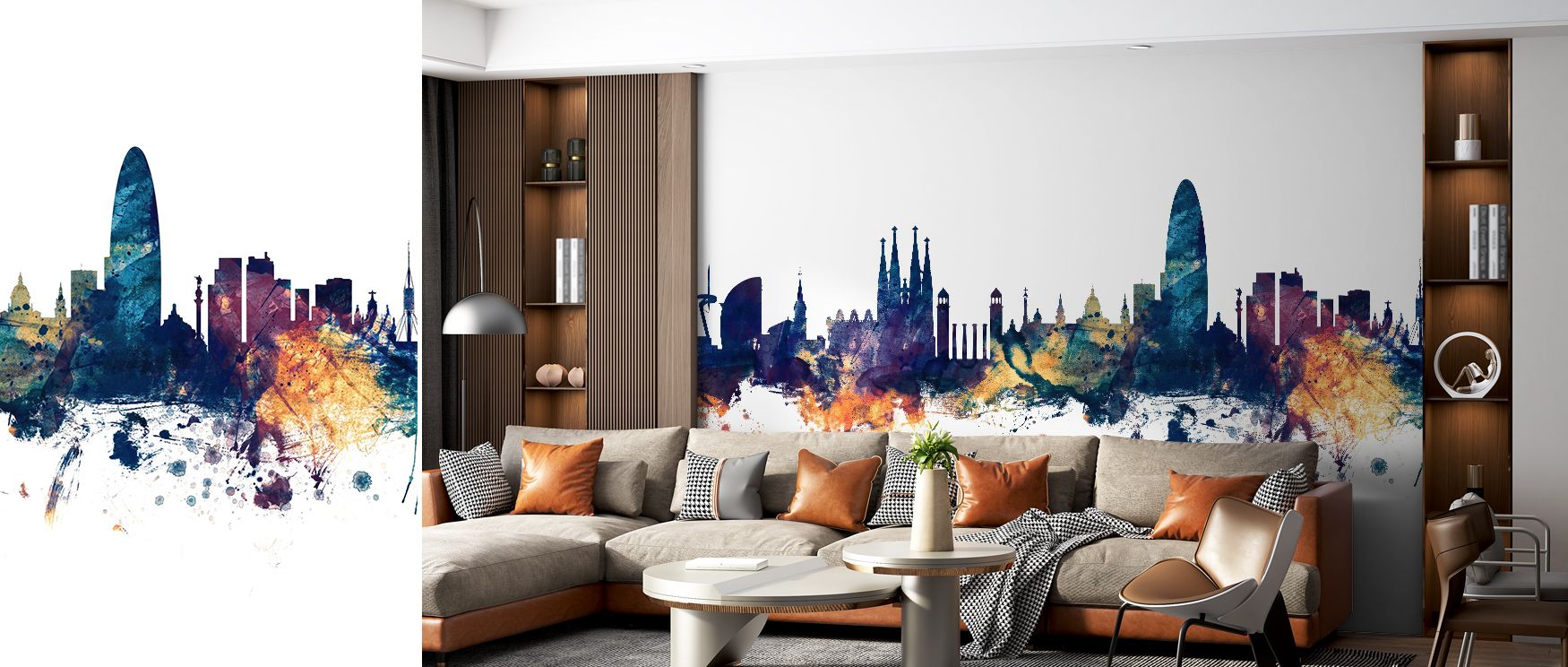 Heritage refinement radiates in the Barcelona Skyline Blue & Bronze Wallpaper, where radiant silhouettes enrich walls. It enhances living rooms, bedrooms, or offices with balance, sophistication, and strength, creating interiors rooted in cultural eleganc