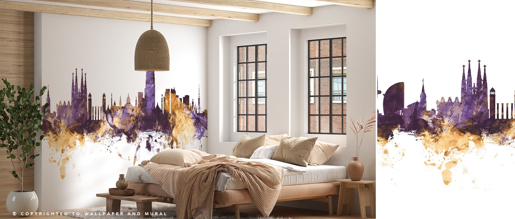 The Barcelona Skyline Purple & Gold Wallpaper glows with bold artistry, where radiant tones capture cultural pride. It enriches living rooms, bedrooms, or offices with strength, elegance, and sophistication, turning walls into luminous displays of balance