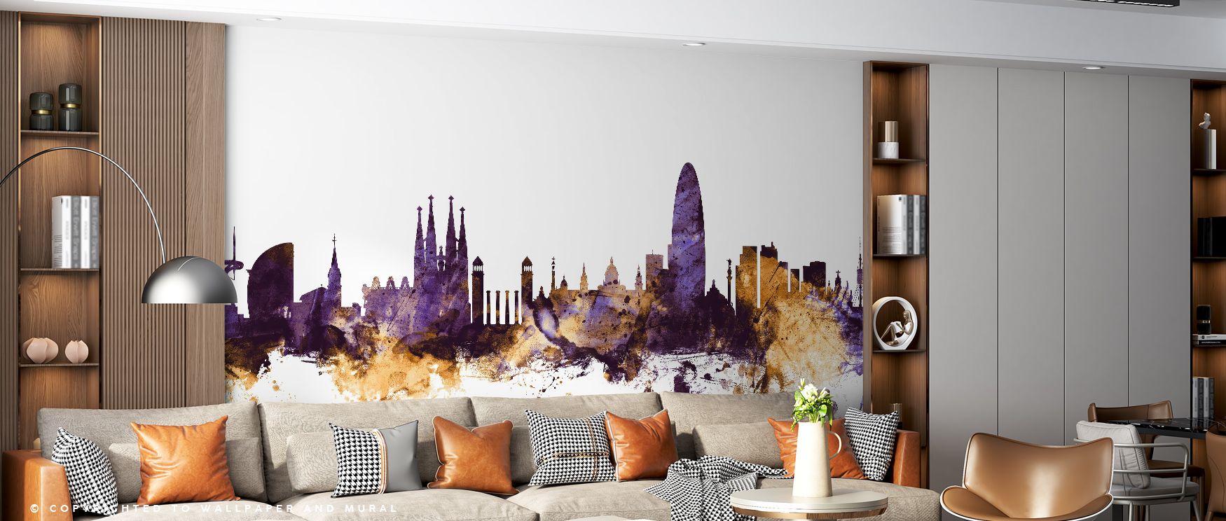 Vibrant tones define the Barcelona Skyline Purple & Gold Wallpaper, where purple and gold hues create resonance. It enriches living rooms, bedrooms, or offices with refinement, balance, and elegance, offering interiors bold charm rooted in artistry. 