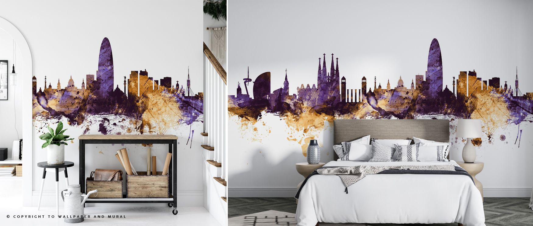 The Barcelona Skyline Purple & Gold Wallpaper reflects artistic vibrancy, where glowing tones enrich architecture. Its palette enhances living rooms, bedrooms, or offices with strength, charm, and sophistication, offering timeless resonance and cultural p