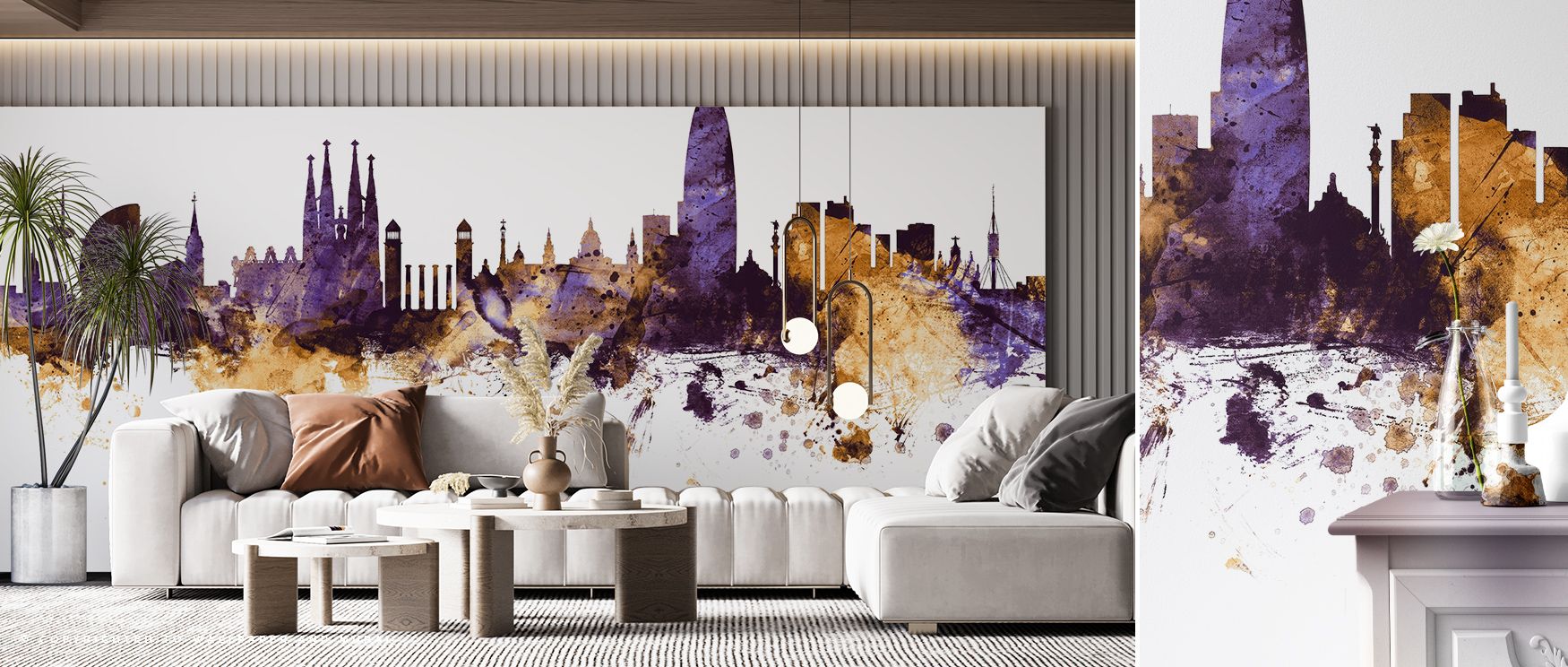 Purple and gold artistry thrives in the Barcelona Skyline Purple & Gold Wallpaper, where radiant hues highlight structures. It enriches living rooms, bedrooms, or offices with refinement, charm, and balance, giving walls a sophisticated and vibrant glow. 