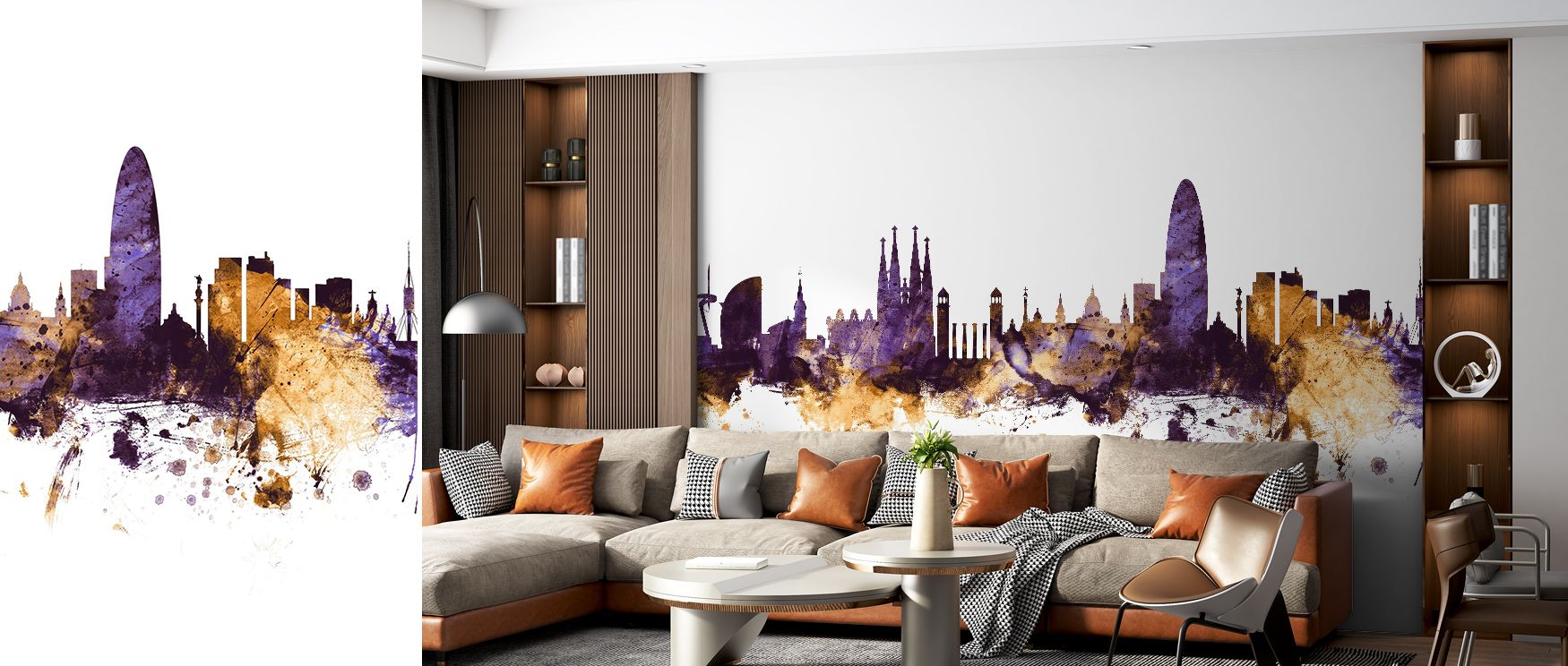 Refined energy emerges in the Barcelona Skyline Purple & Gold Wallpaper, with bold tones highlighting iconic forms. It enriches living rooms, bedrooms, or offices with sophistication, charm, and cultural pride, offering interiors luminous artistry. 