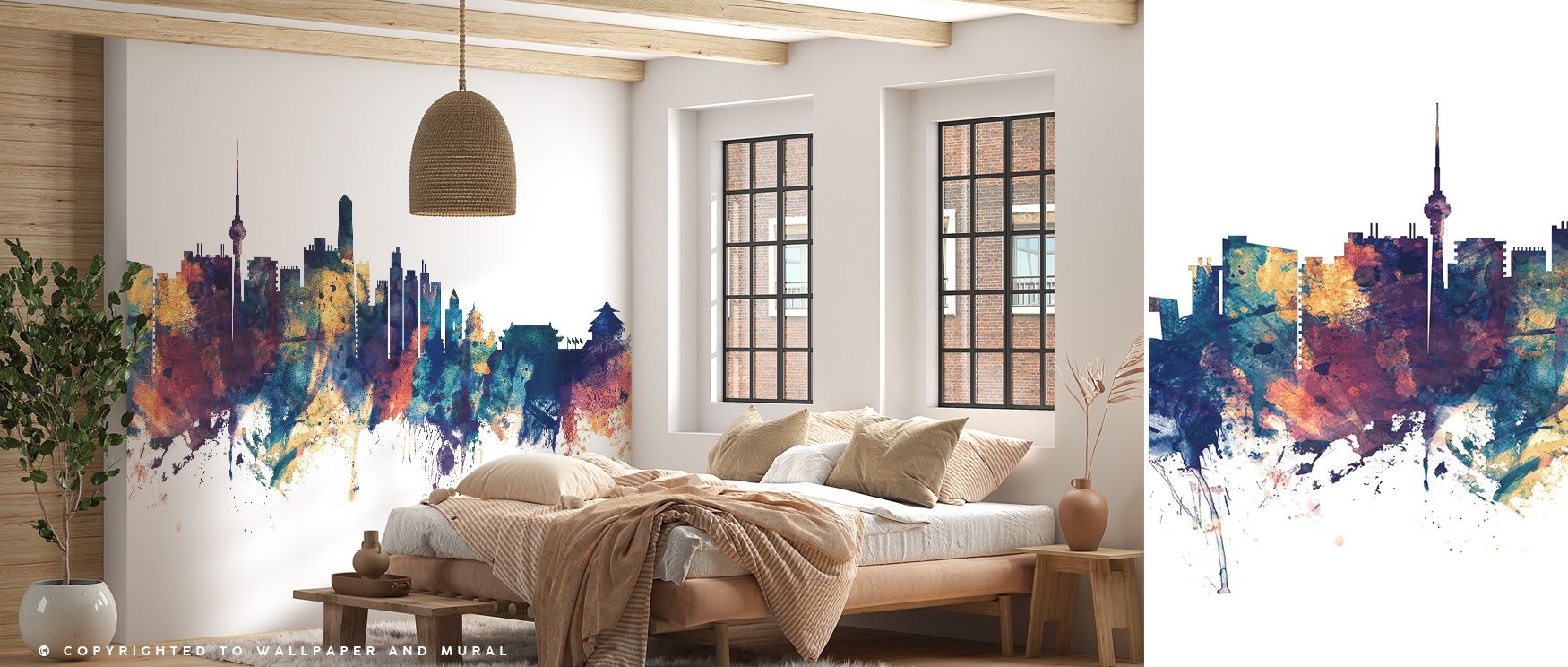 Luminous blue tones merge with glowing bronze across the Beijing Skyline in Blue & Bronze Wallpaper, where architectural details rise with elegance and rhythm. Each line of the skyline radiates atmosphere, offering a centerpiece that enriches living rooms