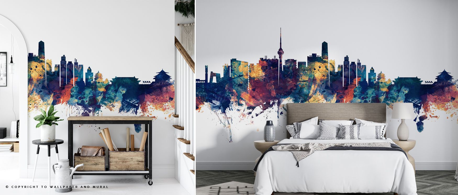 Bold contrasts illuminate the Beijing Skyline in Blue & Bronze Wallpaper, blending history and modern artistry in balanced composition. Its brilliance enhances spaces like living rooms, bedrooms, or offices with timeless elegance. 