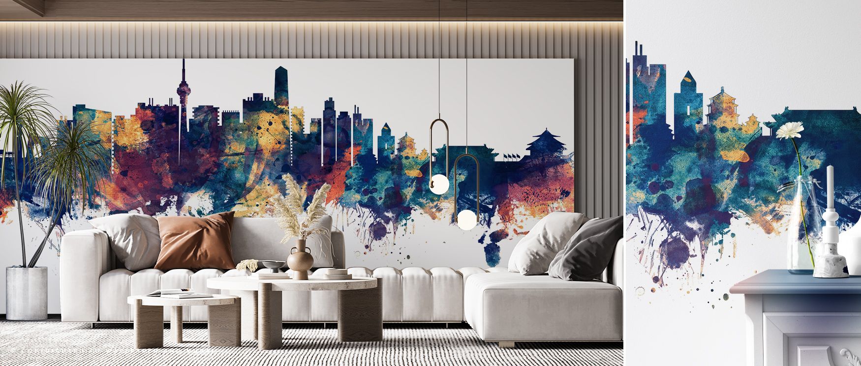 Rich details characterize the Beijing Skyline in Blue & Bronze Wallpaper, where structure meets color in refined expression. Its glowing palette provides living rooms, bedrooms, or offices with a dynamic yet serene atmosphere. 