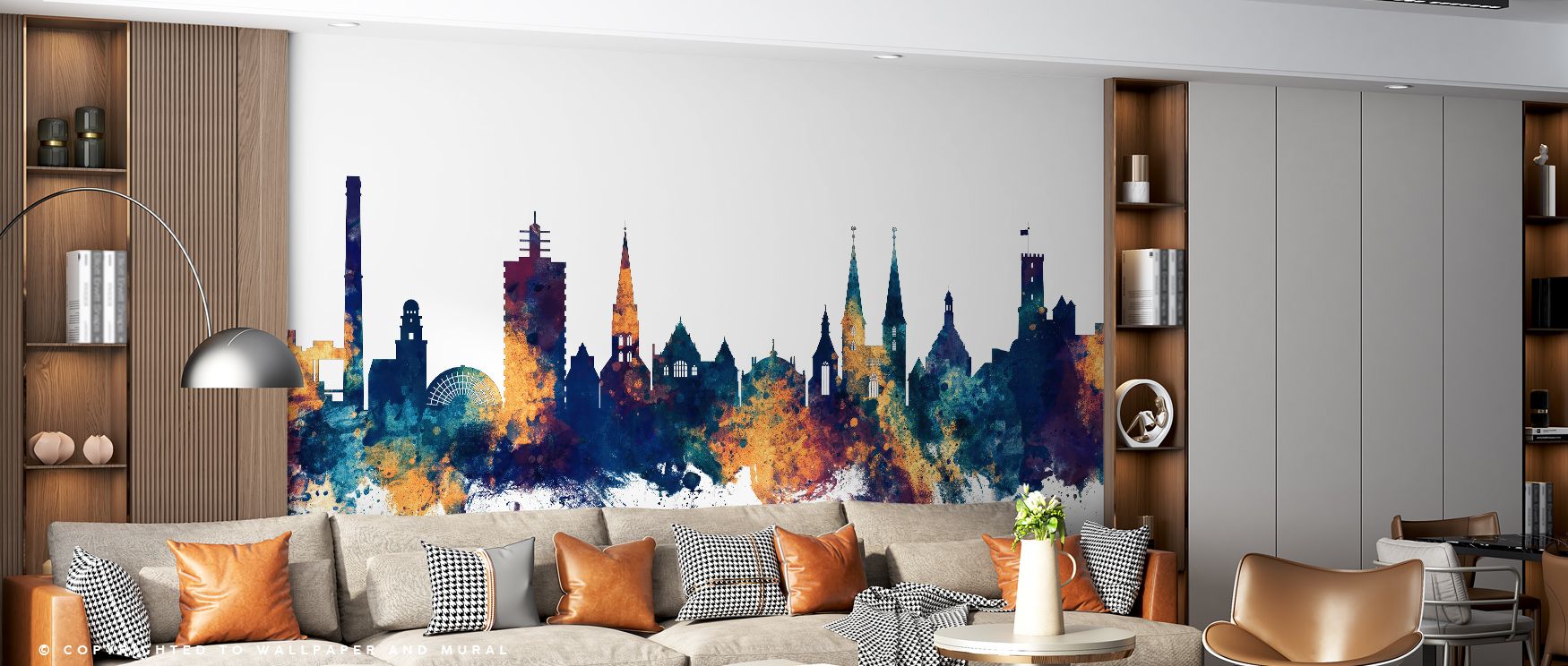 The Bielefeld Germany Skyline in Blue & Bronze Wallpaper highlights heritage with refined contrasts, capturing atmosphere in luminous tones. Its balanced artistry transforms living rooms, bedrooms, or offices into timeless spaces filled with sophisticatio