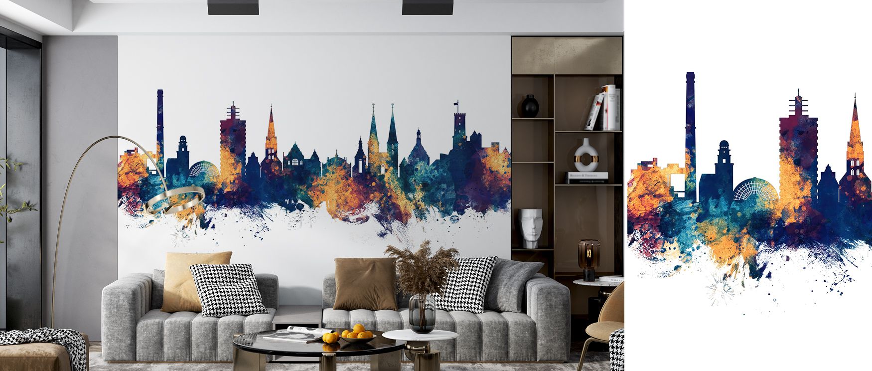 Luminous atmosphere fills the Bielefeld Germany Skyline in Blue & Bronze Wallpaper, where structure meets artistry. This composition enriches living rooms, bedrooms, or offices with grace and enduring charm. 