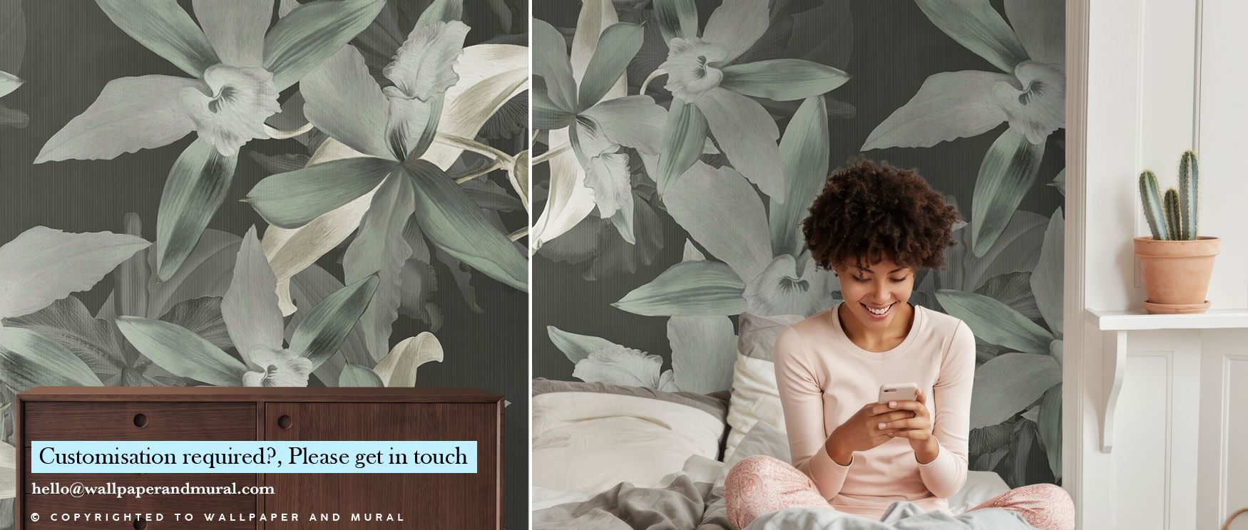 In graceful detail, the Big Orchids Green Wallpaper transforms interiors into serene sanctuaries. Oversized orchids radiate balance, enriching living rooms, bedrooms, or offices with tranquility and sophistication through refined design. 