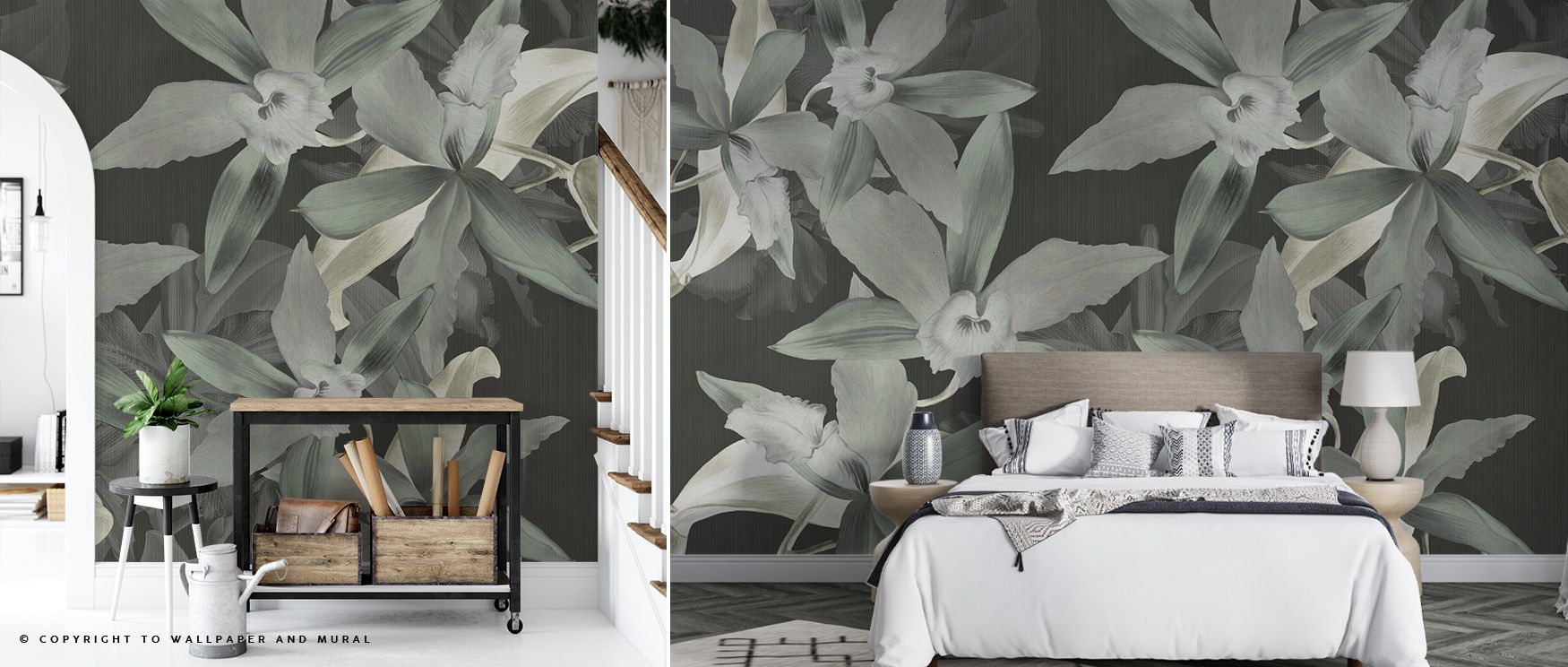 Natural vibrancy flows through the Big Orchids Green Wallpaper, where each orchid glows in lush green tones. The composition provides living rooms, bedrooms, or offices with serene beauty, balancing bold presence with calming charm. 