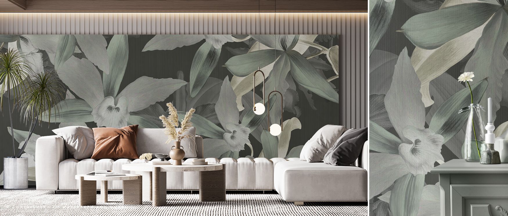 Elegance unfolds in the Big Orchids Green Wallpaper, as radiant petals sweep across its surface. This floral design enriches living rooms, bedrooms, or offices with timeless atmosphere rooted in botanical refinement. 
