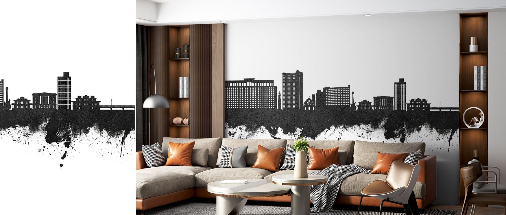 The Biloxi Mississippi Skyline in Black & White Wallpaper channels architectural rhythm into visual harmony. Its restrained palette invites focus on structural details, producing an effect of timeless calm that integrates naturally into a living room, bed