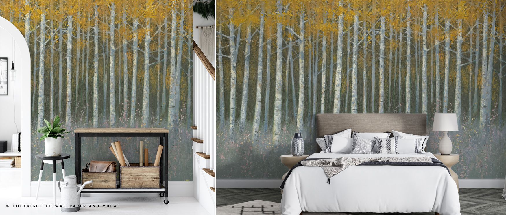 Capturing the hush of dusk, Birch Dusk Wallpaper portrays birch trees in subdued tones, evoking balance and tranquility, enriching living room, bedroom, or office décor with atmospheric design rooted in nature’s enduring calm. 