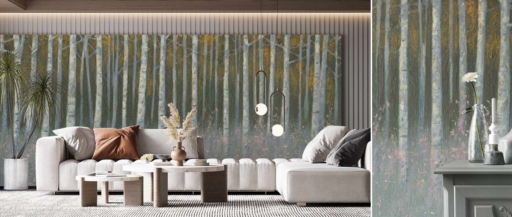 Flowing lines and gentle shading come together in Birch Dusk Wallpaper, offering walls an artistic representation of evening’s embrace, bringing warmth and serenity to living room, bedroom, or office settings that seek timeless natural beauty. 