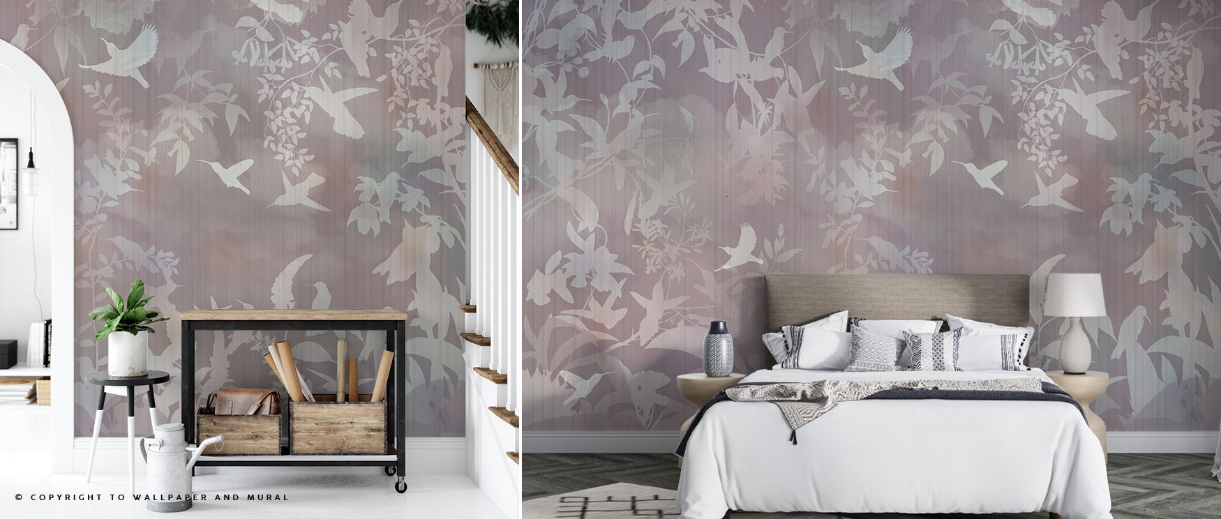 The haunting beauty of twilight unfolds in Birds in the Fog Red Wallpaper, where birds dissolve into atmospheric tones, offering living room, bedroom, or office walls a bold aesthetic enriched with sophistication and quiet drama. 