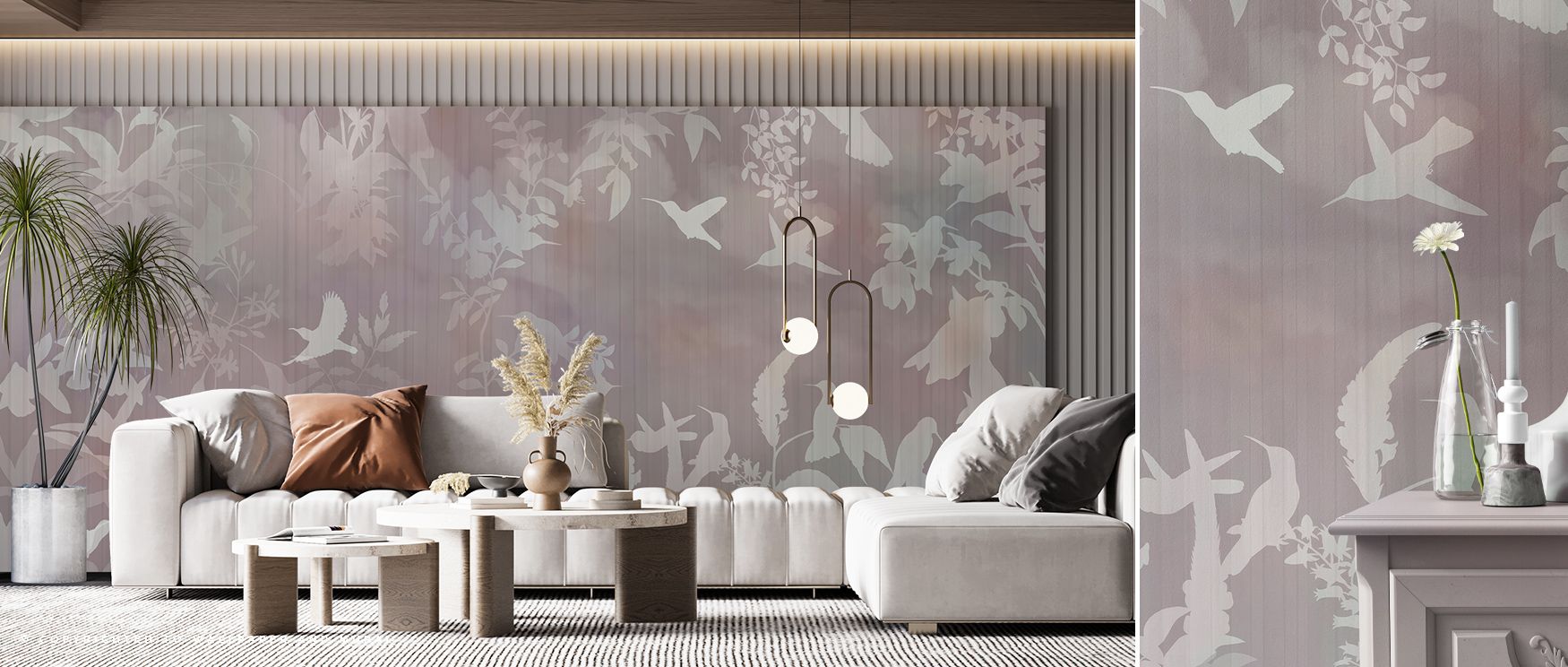 Birds in the Fog Red Wallpaper blends delicate movement with bold hues, portraying a dreamlike landscape that enhances living room, bedroom, or office environments with intrigue, poetic artistry, and visual depth. 