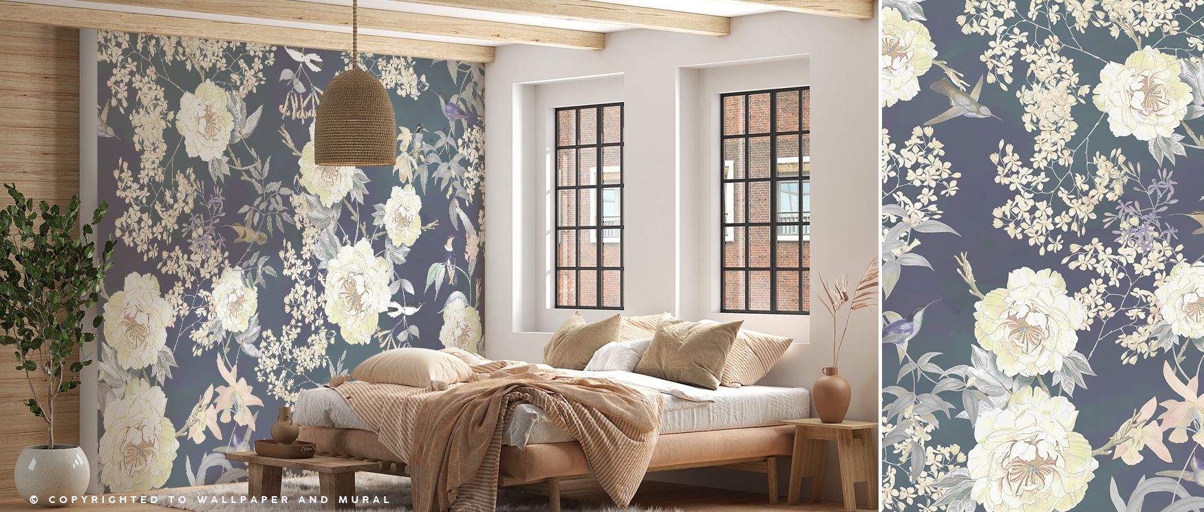 Within Birds of Eden in Teal & Purple, radiant tones merge gracefully with floral greenery. The design carries quiet opulence, enveloping interiors in a visual melody of warmth, depth, and botanical serenity perfect for living areas filled with gentle lig