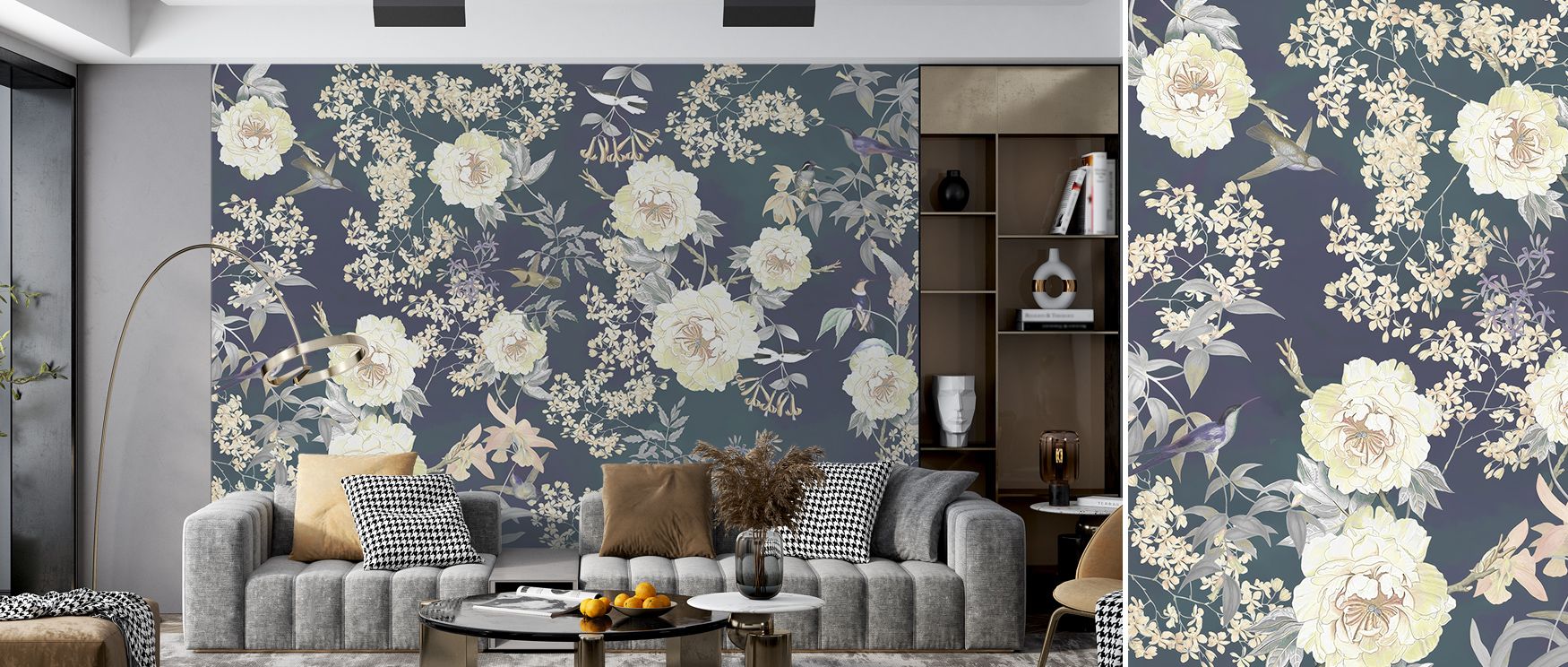 Flowing strokes animate Birds of Eden in Teal & Purple, giving life to feathers and foliage alike. The imagery embodies emotion and grace, making interiors glow with subtle energy and soothing tropical luxury. 