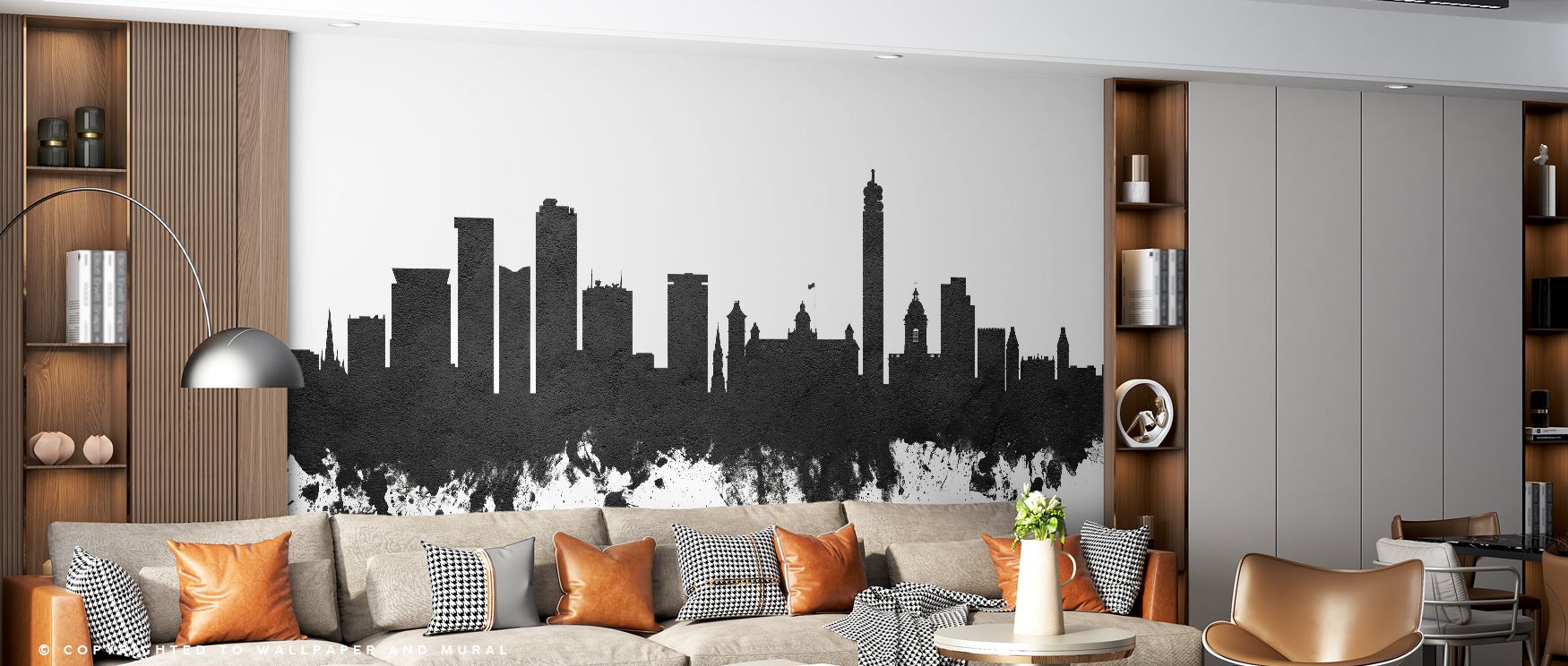 The Birmingham England Skyline Black & White Wallpaper portrays iconic landmarks in elegant monochrome tones, creating a wall design that harmonizes with modern and classic living room, bedroom, or office décor through refined artistry. 