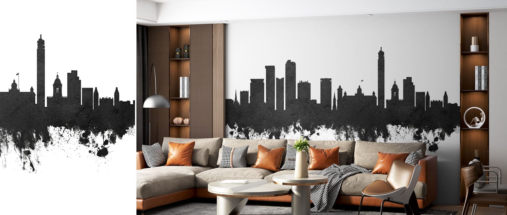 Bold lines and balanced contrasts define Birmingham England Skyline Black & White Wallpaper, offering living room, bedroom, or office décor a timeless aesthetic that merges history, elegance, and artistic clarity. 