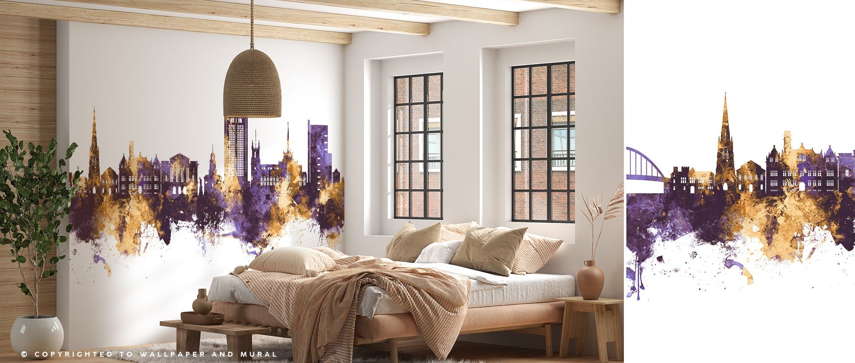 Blackburn England Skyline Purple & Gold Wallpaper conveys vibrancy where radiant tones highlight iconic architecture. The design enriches a living room, bedroom, or office with atmosphere of refinement, artistry, and cultural pride, surrounding interiors 
