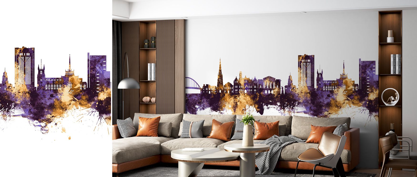 Blackburn England Skyline Purple & Gold Wallpaper radiates historic charm through rich tones, surrounding interiors with resonance. It enriches a living room, bedroom, or office with refinement, artistry, and cultural presence, offering timeless sophistic