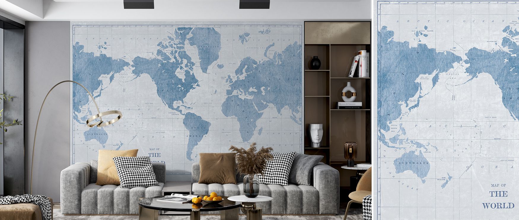 Blueprint World Map Wallpaper reflects refinement in minimal tones, surrounding interiors with atmosphere of adventure. The design enriches a living room, bedroom, or office with resonance, artistry, and sophistication, offering timeless clarity. 