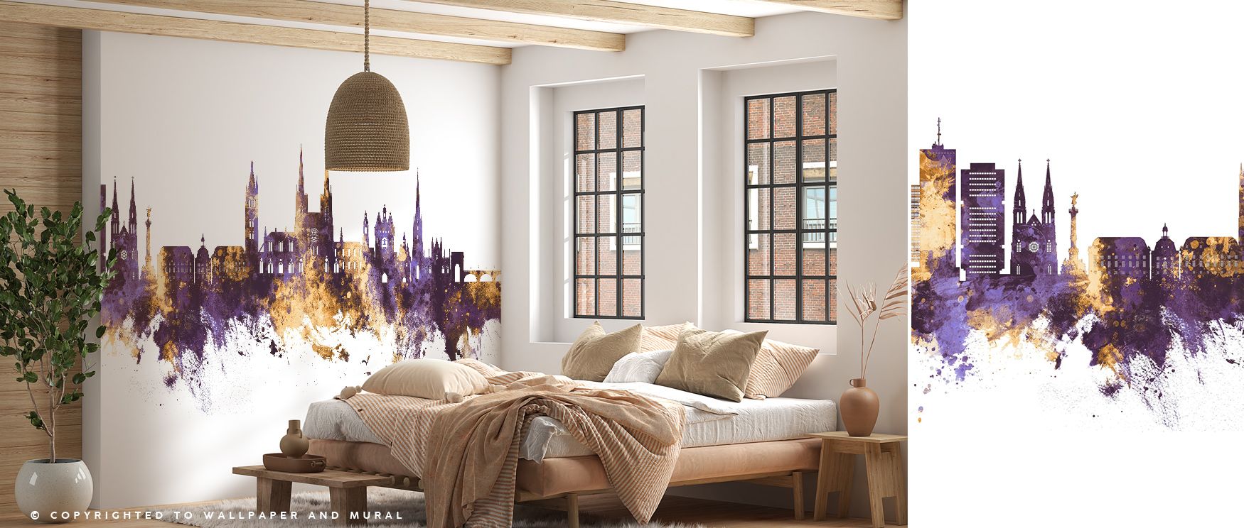 Deep tones define the Bordeaux France Skyline in Purple & Gold Wallpaper, where bold silhouettes of landmarks emerge against a luminous backdrop. The contrast creates visual rhythm, surrounding walls with atmosphere that feels both vibrant and refined. Th