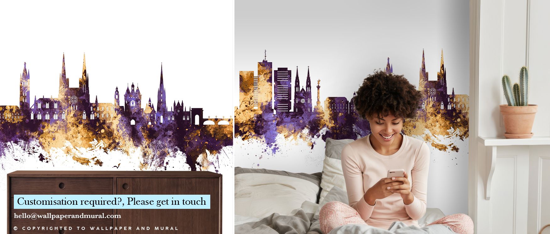 With luminous colors and elegant silhouettes, the Bordeaux France Skyline in Purple & Gold Wallpaper highlights landmarks in a palette that feels both timeless and modern. The design creates flow across walls, adding cultural depth and artistic rhythm. Th