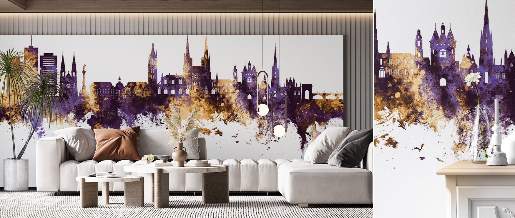 The Bordeaux France Skyline in Purple & Gold Wallpaper reflects city heritage through dramatic tones and refined silhouettes. The regal combination creates atmosphere that feels cultural and celebratory. This wallpaper transforms walls into urban art, sur