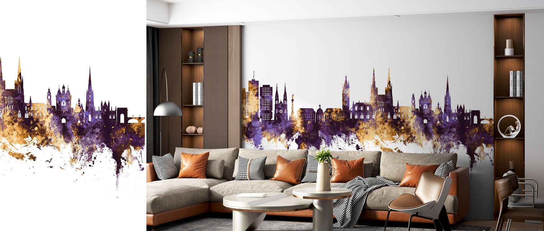 Bordeaux France Skyline in Purple & Gold Wallpaper portrays architecture with regal balance, combining purple shadows with golden light. The skyline is both bold and refined, creating a visual rhythm that enhances interiors. This wallpaper resonates with 