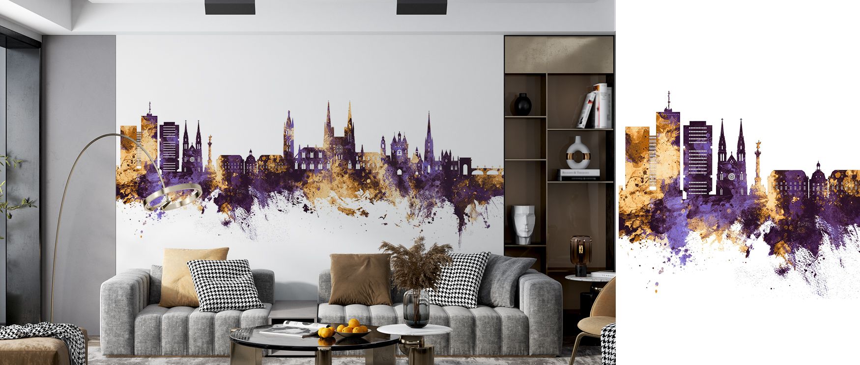 Through dramatic contrasts, Bordeaux France Skyline in Purple & Gold Wallpaper celebrates iconic landmarks with artistry and elegance. The regal palette enhances the design with richness, surrounding interiors with refinement. Perfect for a living room, b